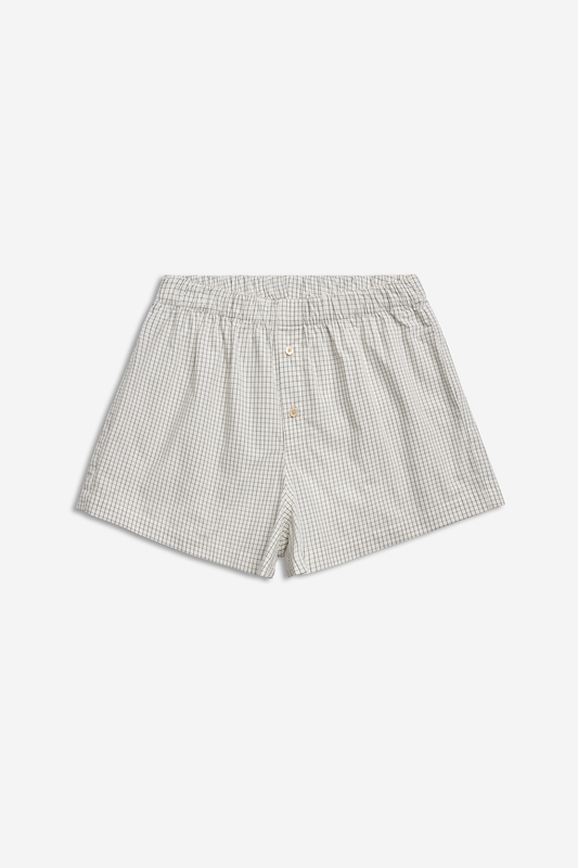 Men's jersey boxershorts, organic cotton, white micro-check pattern, elastic waistband, button fly.