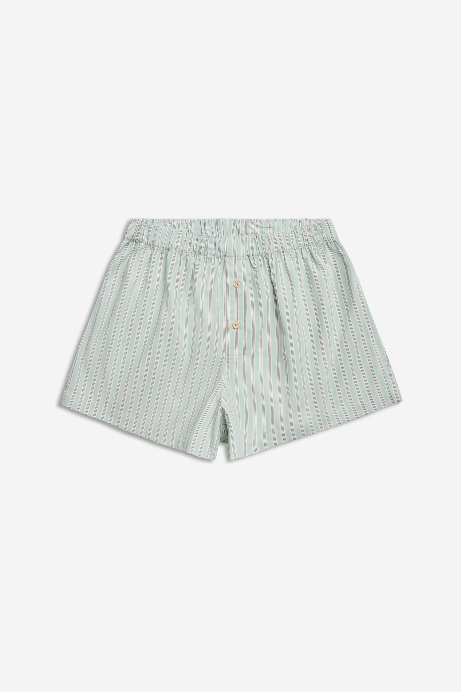 Men's jersey boxershorts, organic cotton, light green and white striped, with button fly.