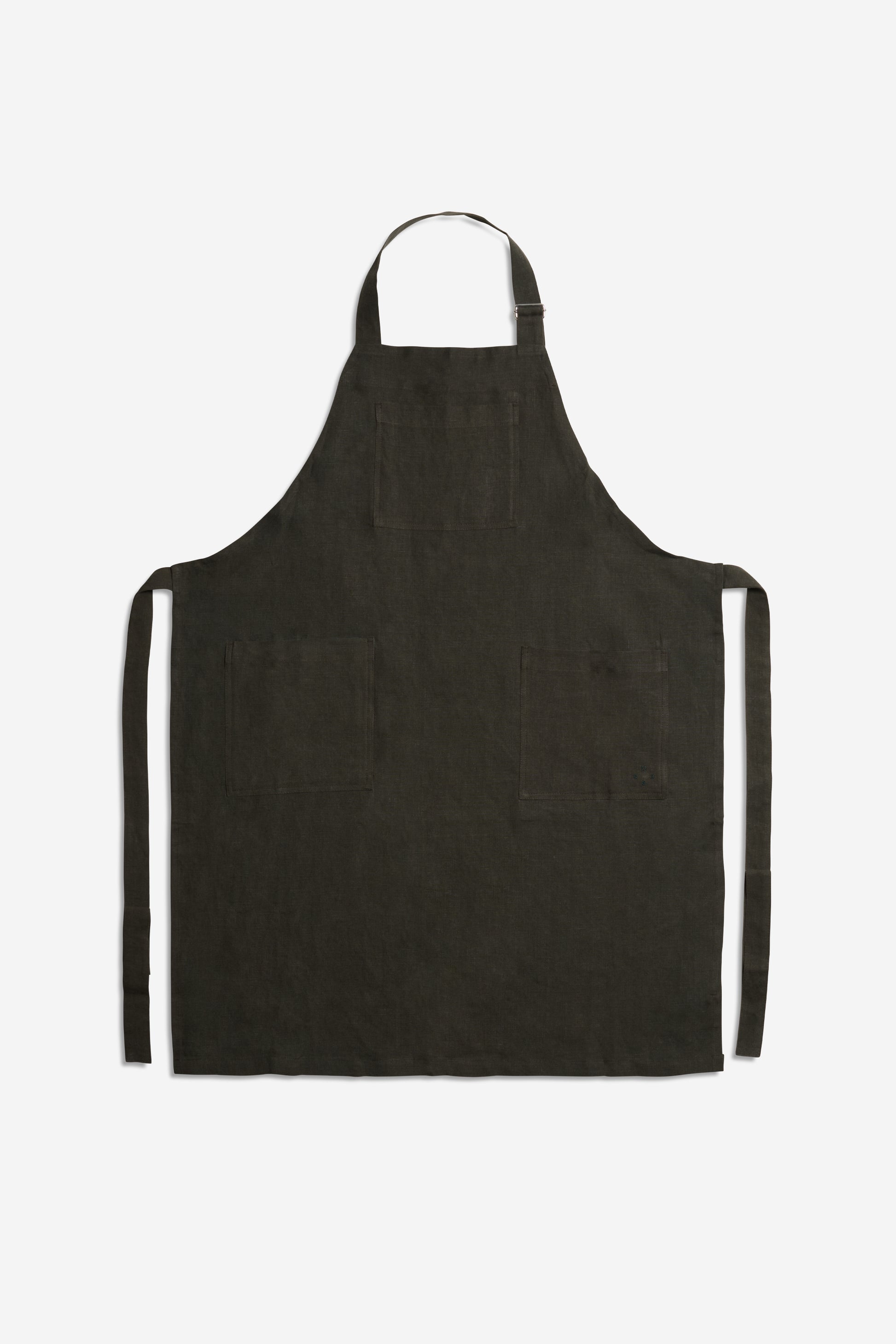 Unisex accessories apron, 100% Belgian linen, ivy green, with three patch pockets and adjustable neck strap.