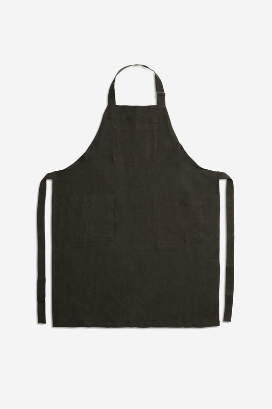Unisex accessories apron, 100% Belgian linen, ivy green, with three patch pockets and adjustable neck strap.