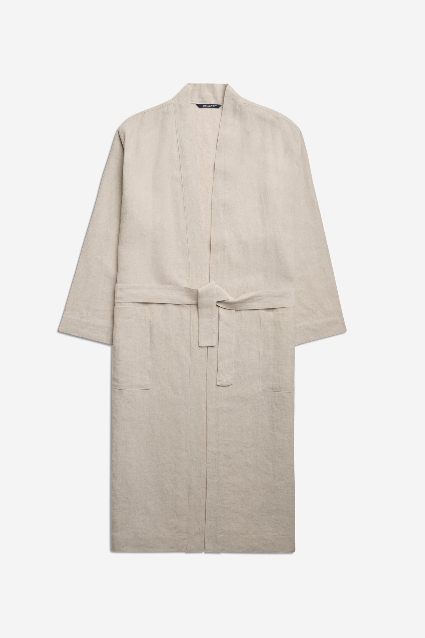 Unisex outerwear bathrobe, 100% Belgian linen, flax color, kimono-inspired with belt and patch pockets.