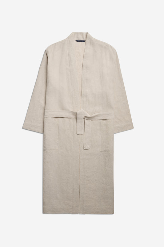 Unisex outerwear bathrobe, 100% Belgian linen, flax color, kimono-inspired with belt and patch pockets.