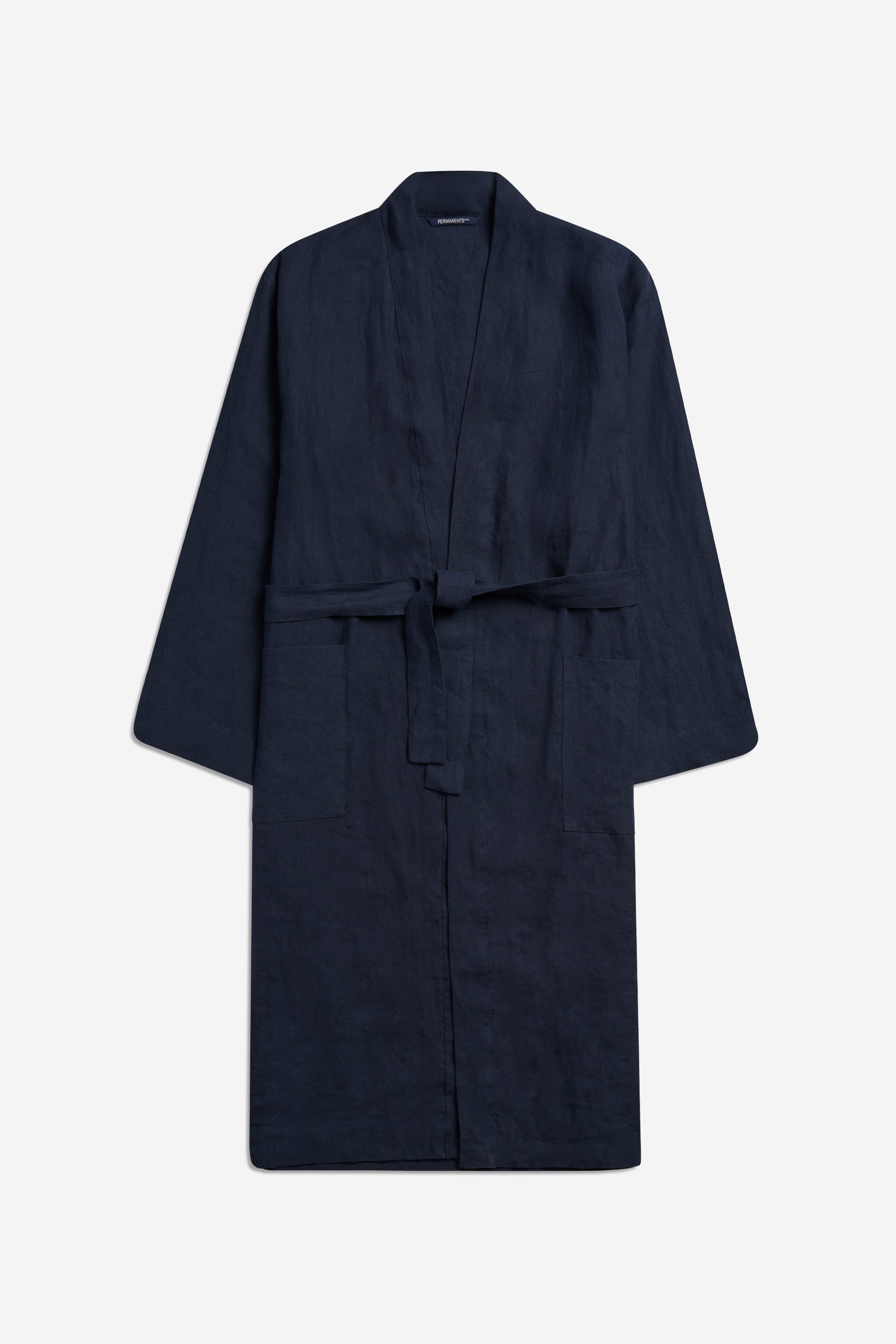Unisex outerwear bathrobe, 100% Belgian linen, navy, kimono-inspired with tie belt and patch pockets.