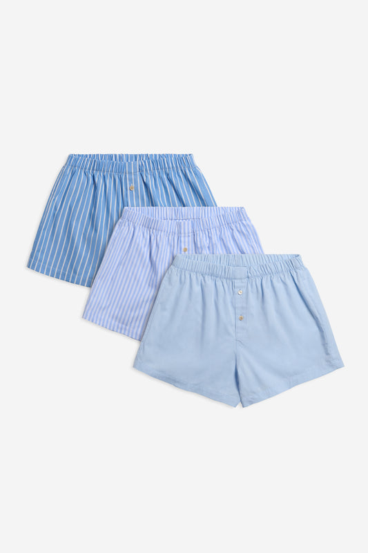 Men's jersey shorts, 100% organic cotton, light blue and striped blue, pack of three.