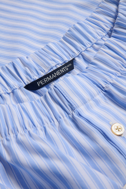 Men's jersey boxershorts, organic cotton, light blue and white striped, with an elastic waistband and brand label.