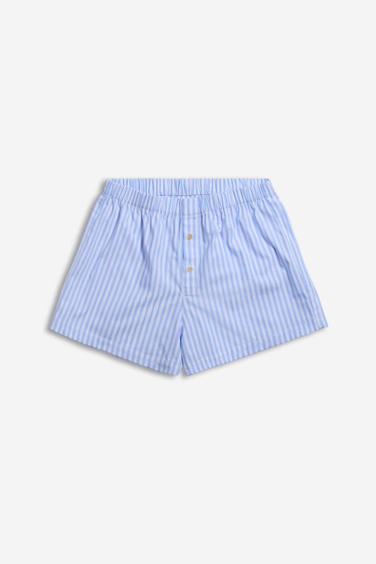 Men's jersey boxershorts, 100% organic cotton, light blue and white striped, with button fly.