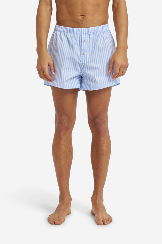 Men's jersey boxershorts, 100% organic cotton, light blue and white striped, with button fly.