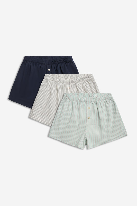 Men's jersey shorts, 100% organic cotton, night sky, light grey check, and light green stripe.