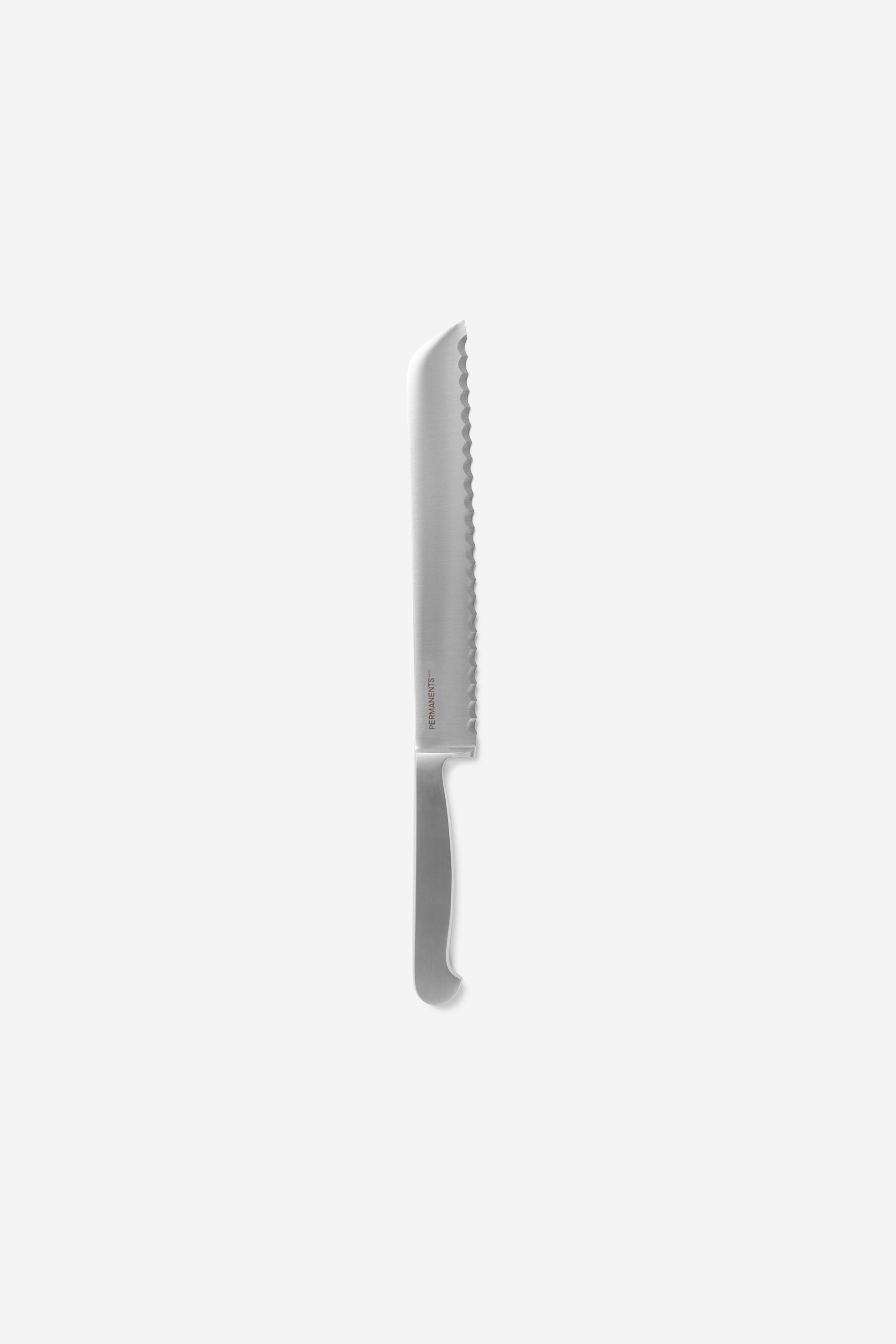 Silver hand-forged chrome steel bread knife with serrated blade and "PERMANENTS" engraving.