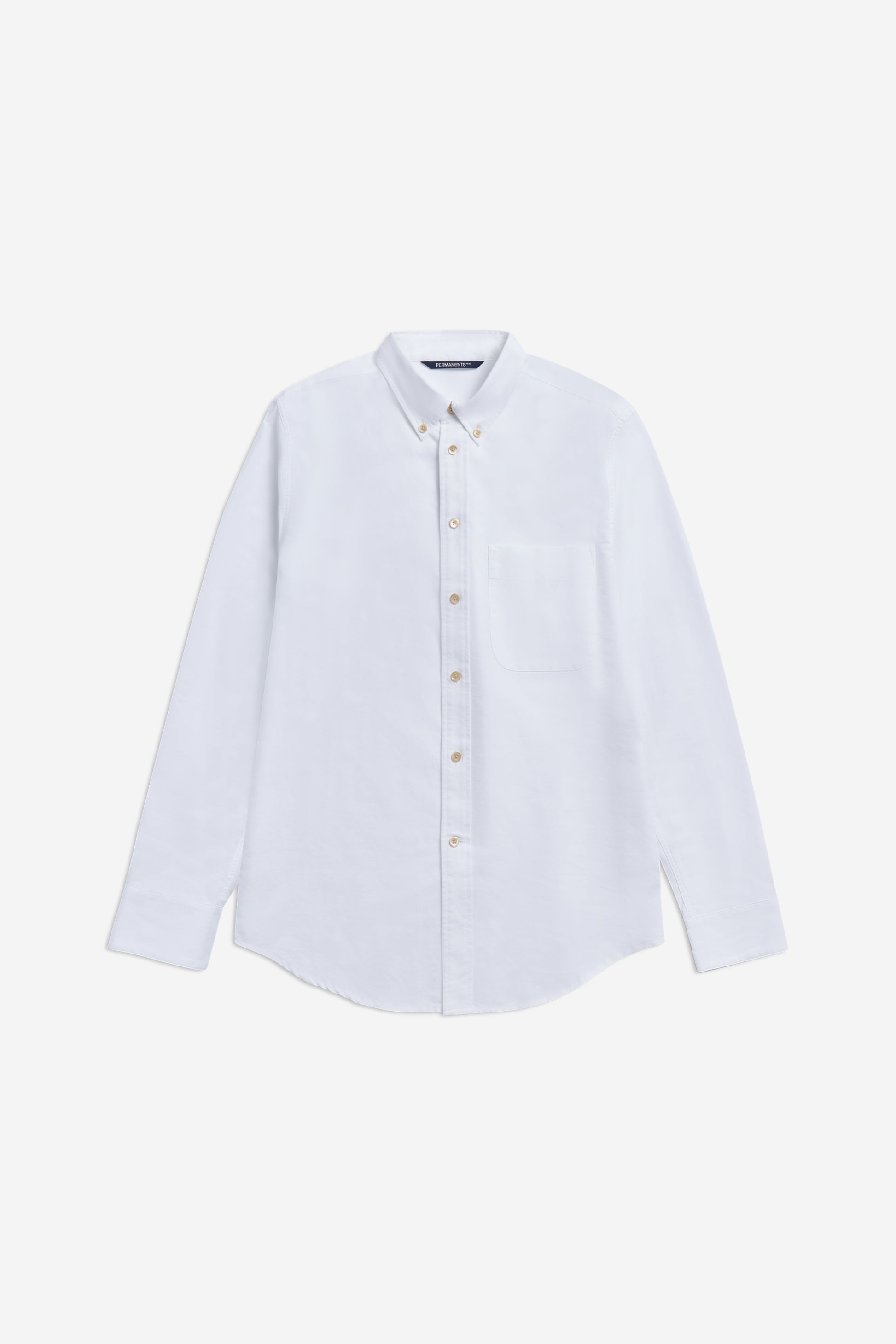 Men's long-sleeved shirt, 100% organic cotton, white, with button cuffs, pocket detail, and pearl buttons.