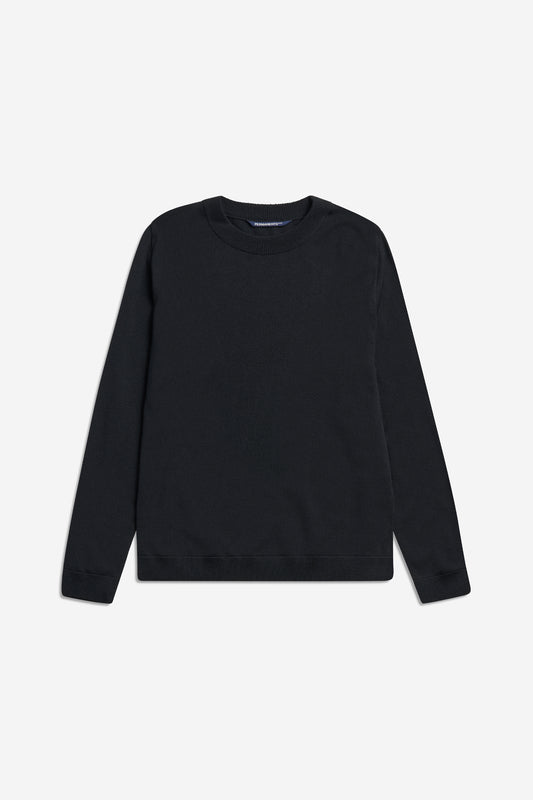 Unisex knit crewneck, black mulesing-free merino wool, with rib-knit neck, cuffs, and hem.