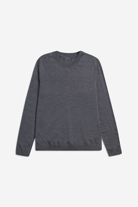 Unisex knit crewneck, dark-grey mulesing-free merino wool, with rib-knit neck, cuffs, and hem.
