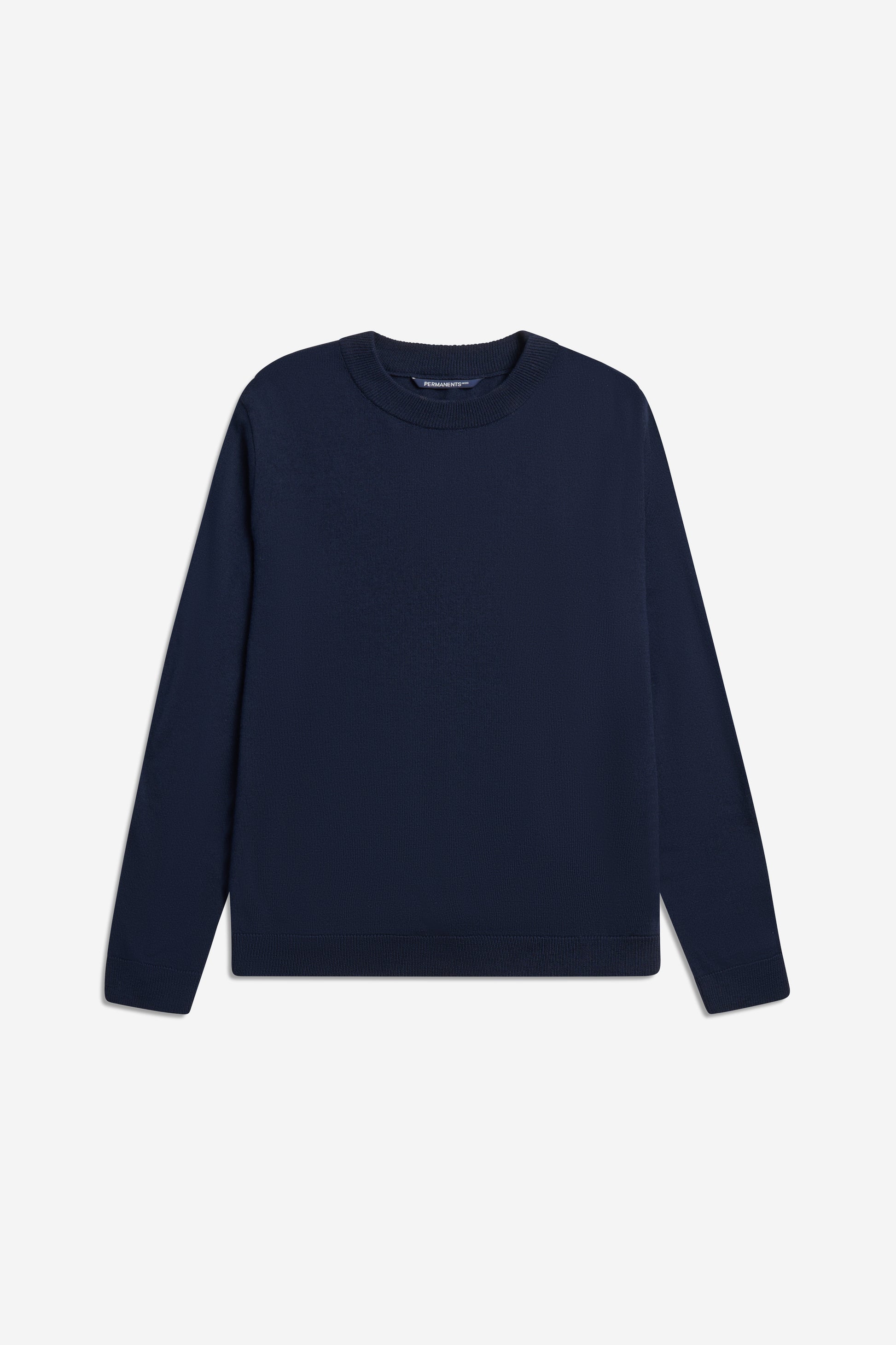Men's knit crewneck, 100% mulesing-free merino wool, navy, with rib-knit neck, cuffs, and hem.