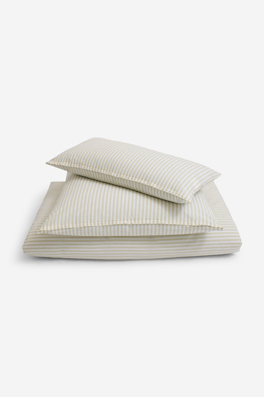 Duvet cover and pillowcase set, 100% organic cotton seersucker, sage stripe, 140x200cm.