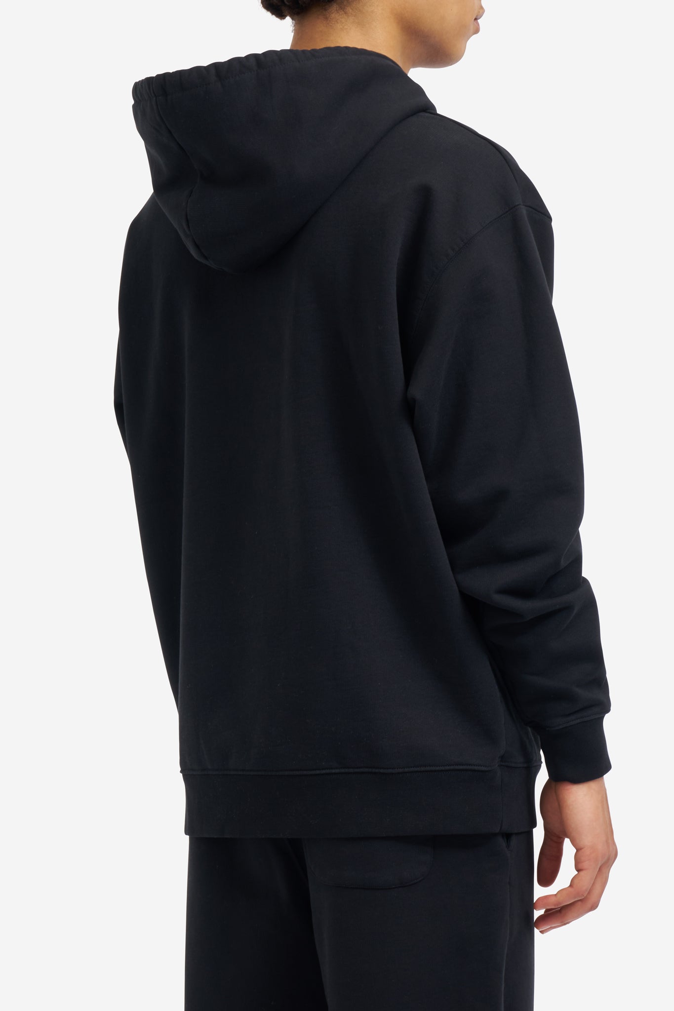 Men's jersey hoodie, 100% organic cotton, pre-washed, black, with adjustable hood.