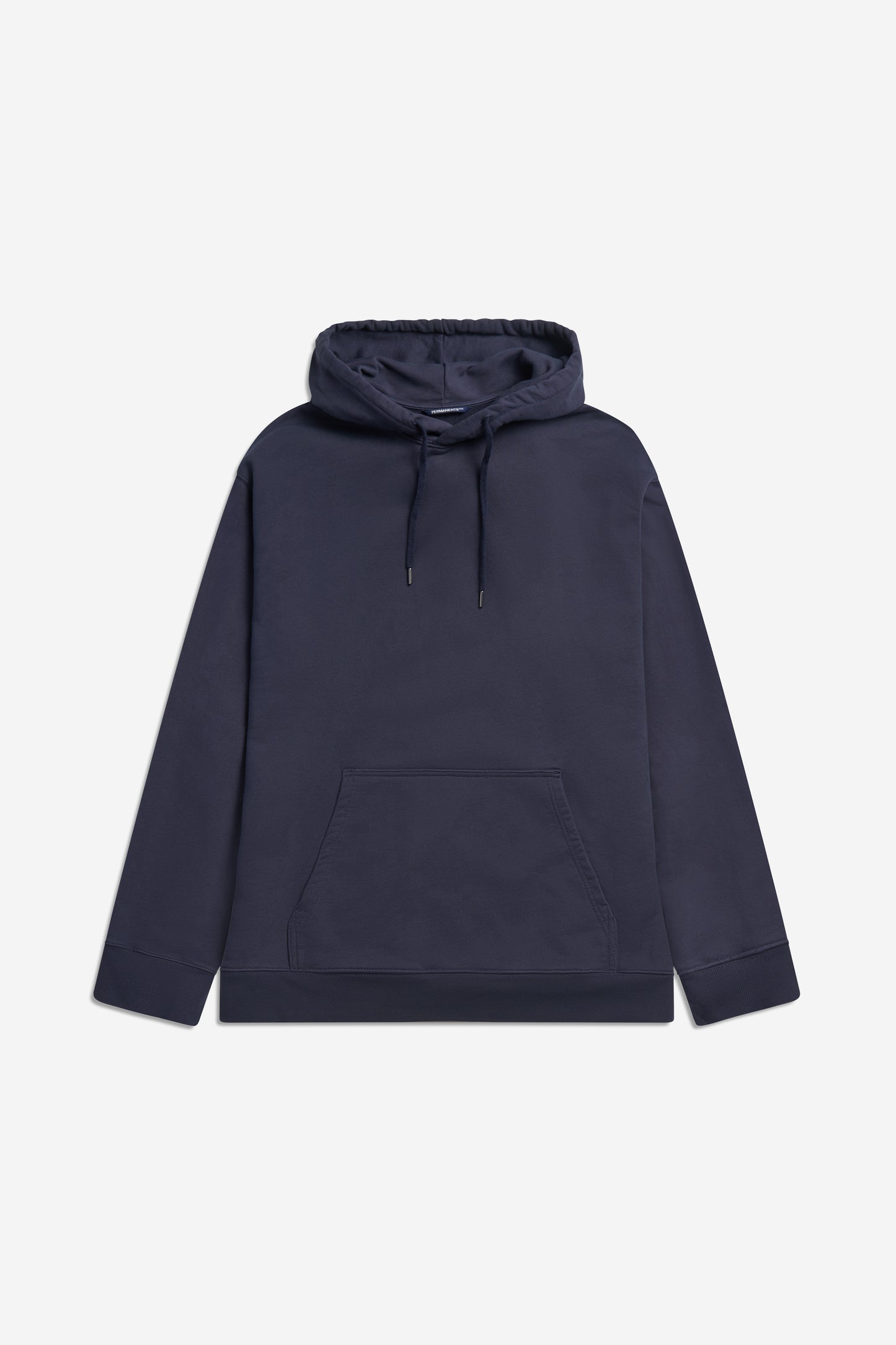 Men's jersey hoodie, 100% organic cotton, pre-washed navy, with kangaroo pocket and adjustable hood.