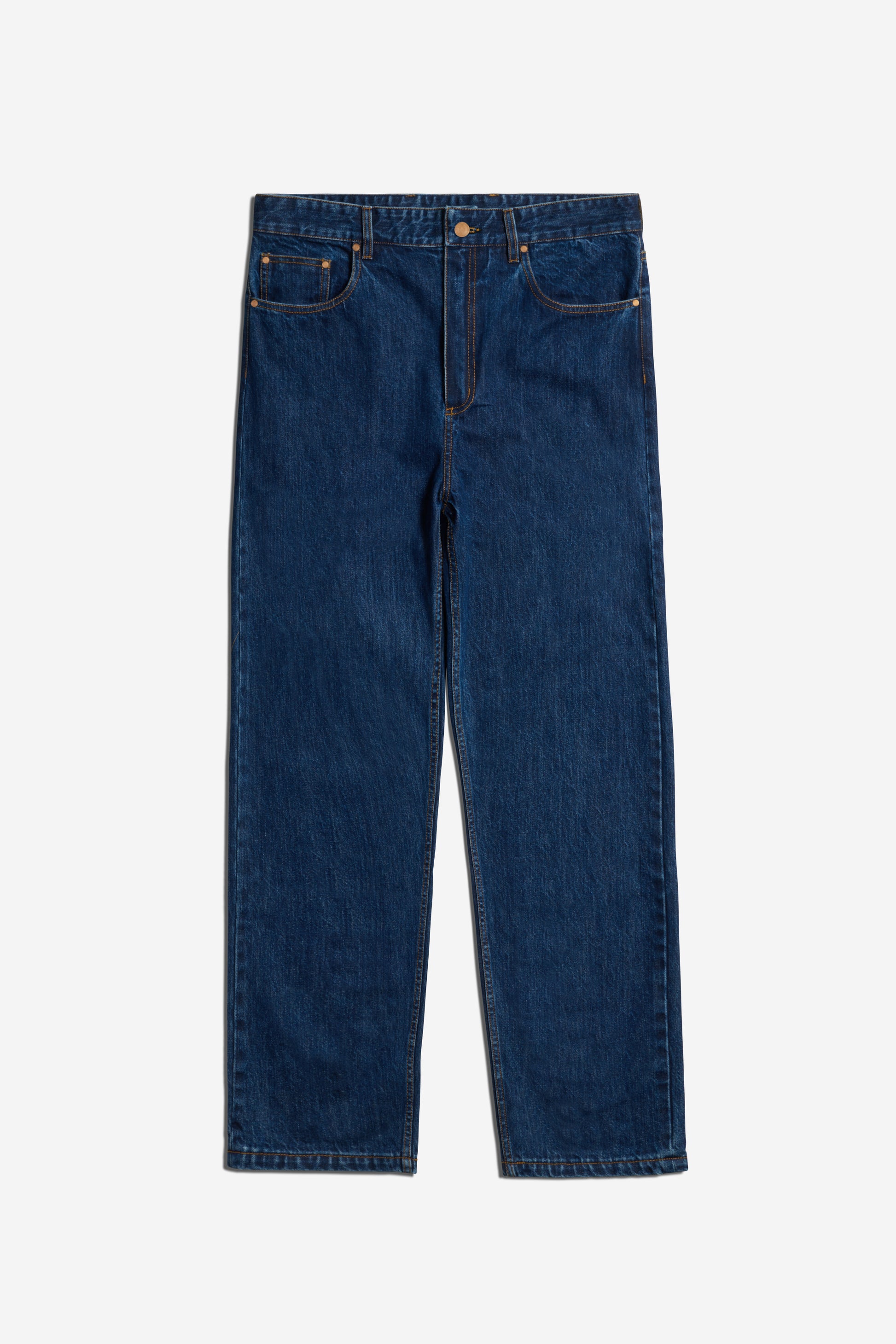 Men's pants, long-pants, organic cotton, enzyme washed, denim blue jeans with straight leg.