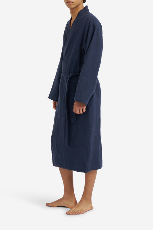 Men's outerwear bathrobe, 100% Belgian linen, navy, kimono-inspired with belt and patch pockets.