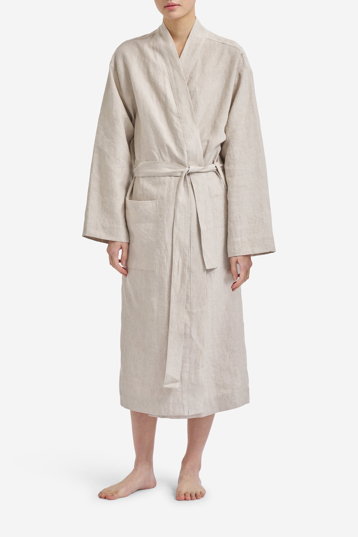 Women's outerwear bathrobe, 100% Belgian linen, flax color, kimono-inspired with patch pockets and tie belt.