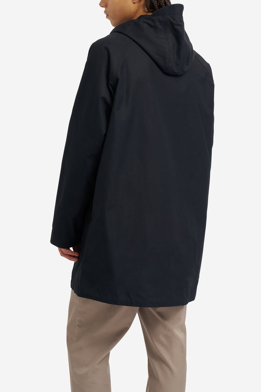 Men's outerwear parka, black organic cotton EtaProof® fabric, adjustable hood and hem, flap pockets.
