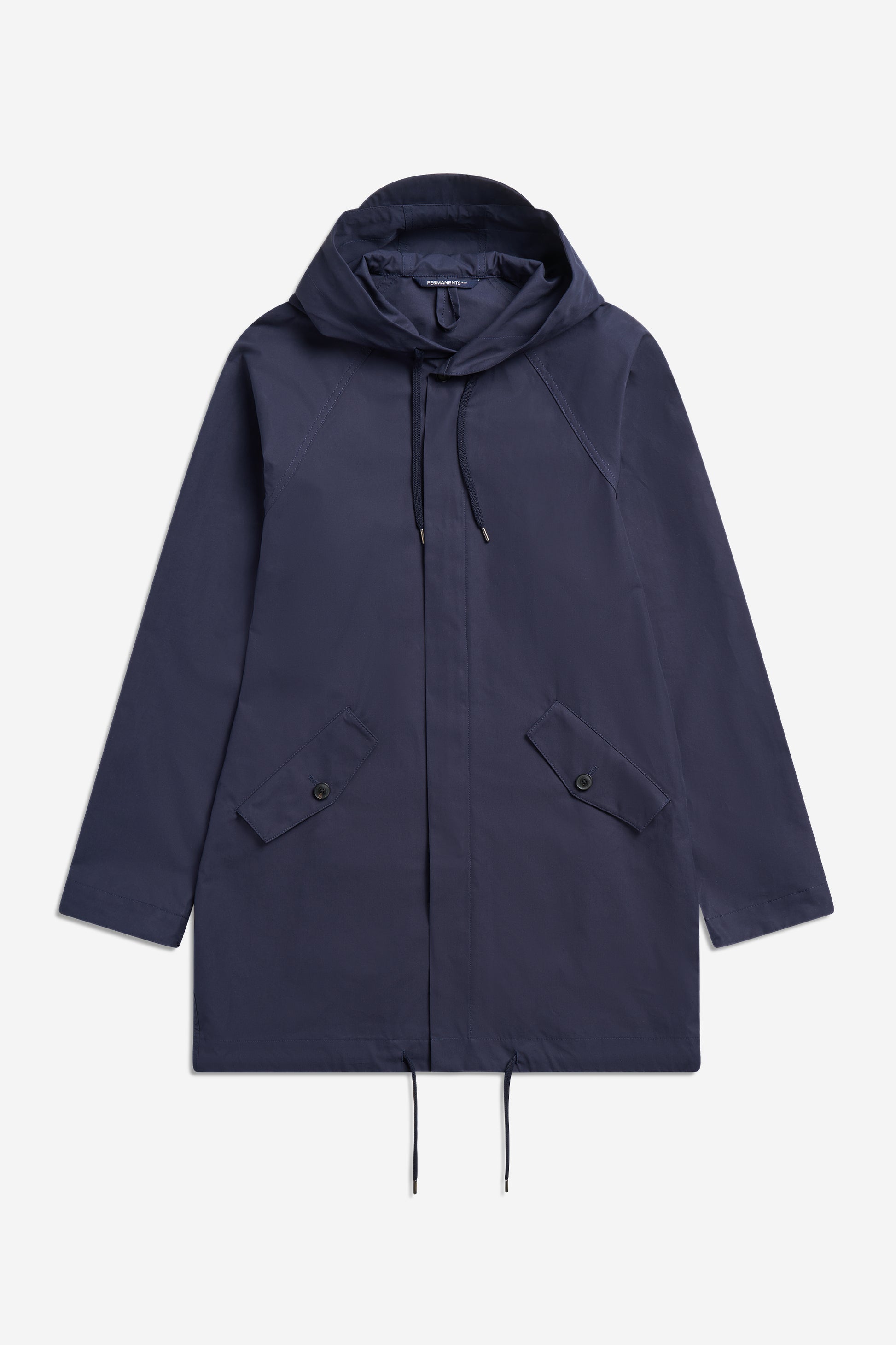 Unisex outerwear parka, navy organic EtaProof® cotton, adjustable hood, flap pockets, drawstring hem.