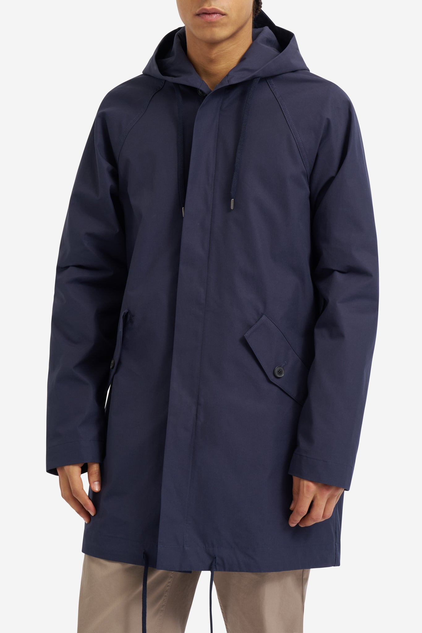 Men's outerwear parka, organic Swiss EtaProof® cotton, navy, with adjustable hood, hem, and flap pockets.