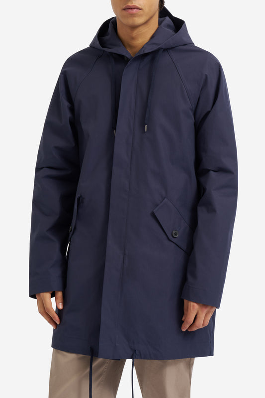 Men's outerwear parka, organic Swiss EtaProof® cotton, navy, with adjustable hood, hem, and flap pockets.