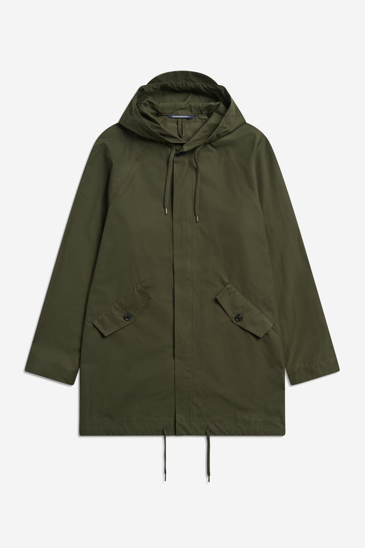 Men's outerwear parka, olive organic cotton EtaProof® fabric, adjustable hood, flap pockets, drawstring hem.