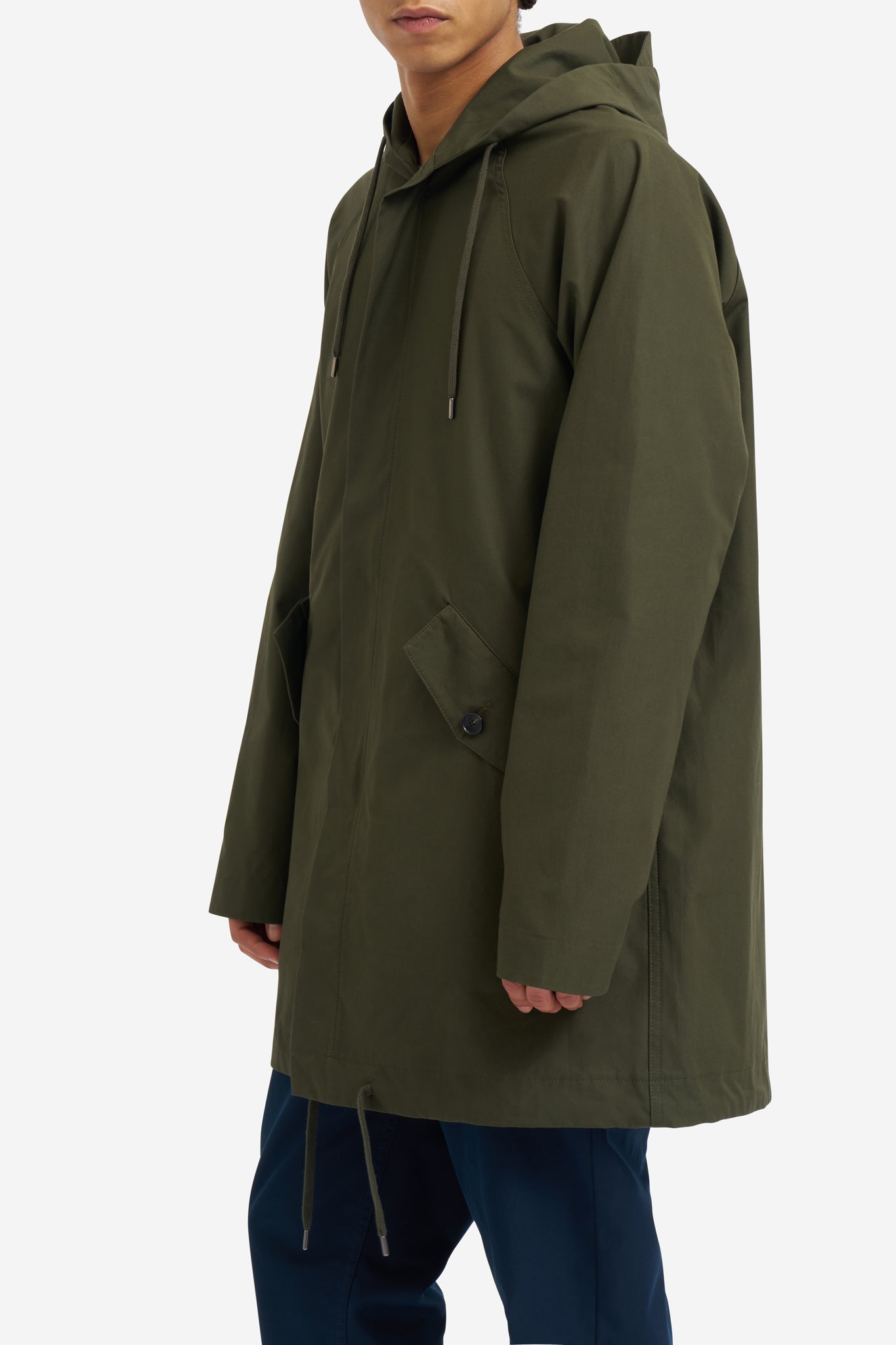 Men's outerwear parka, organic cotton EtaProof®, olive, with adjustable hood, hem, and flap pockets.
