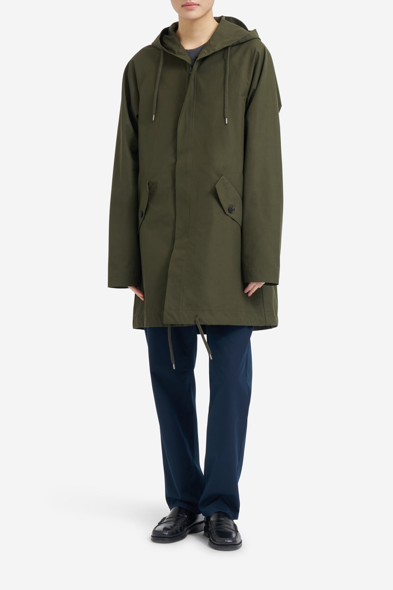 Unisex outerwear parka, organic cotton EtaProof® fabric, olive, with adjustable hood, hem, and flap pockets.