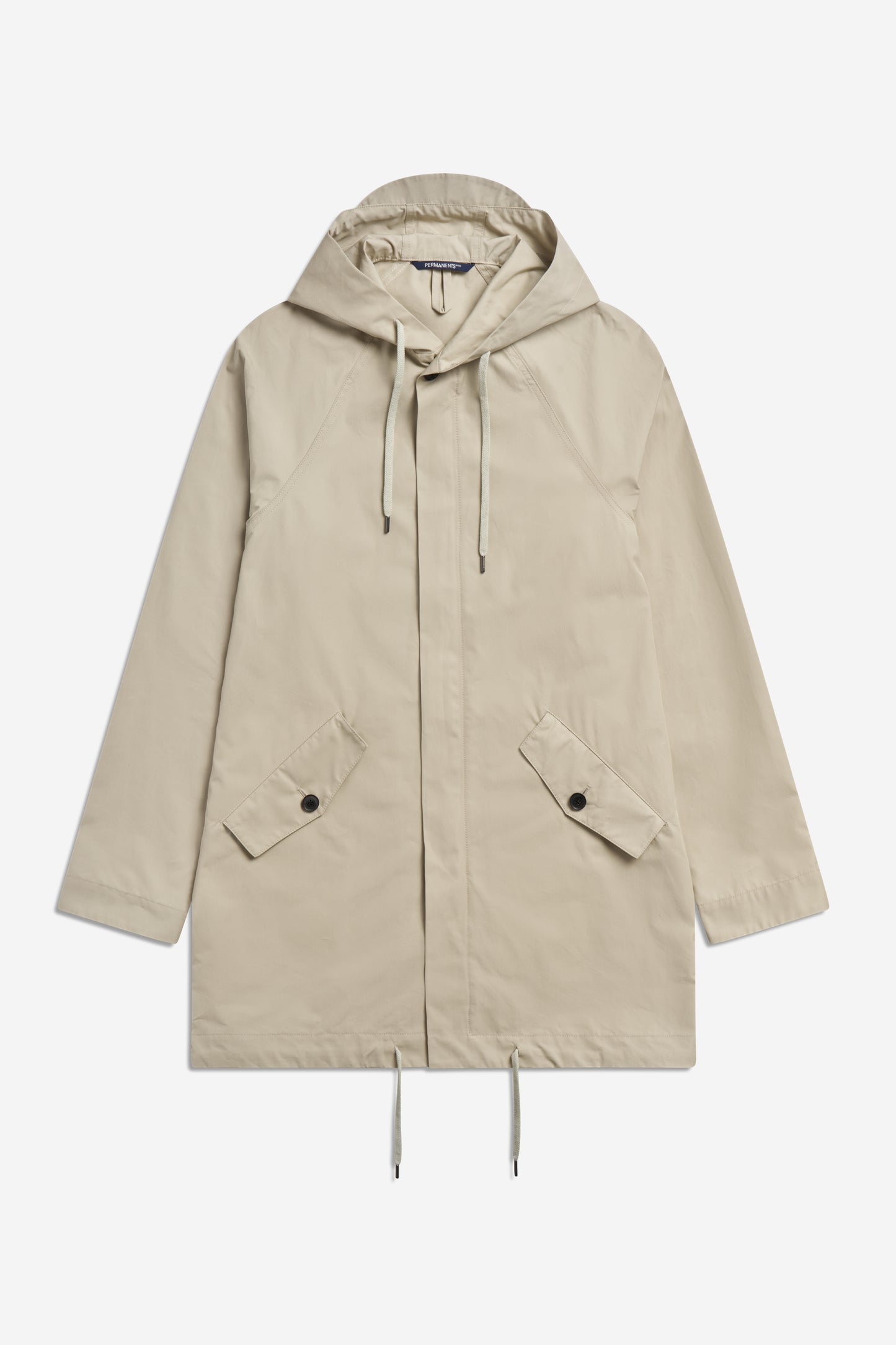 Men's outerwear parka, organic cotton EtaProof, stone, with adjustable hood, hem, and flap pockets.