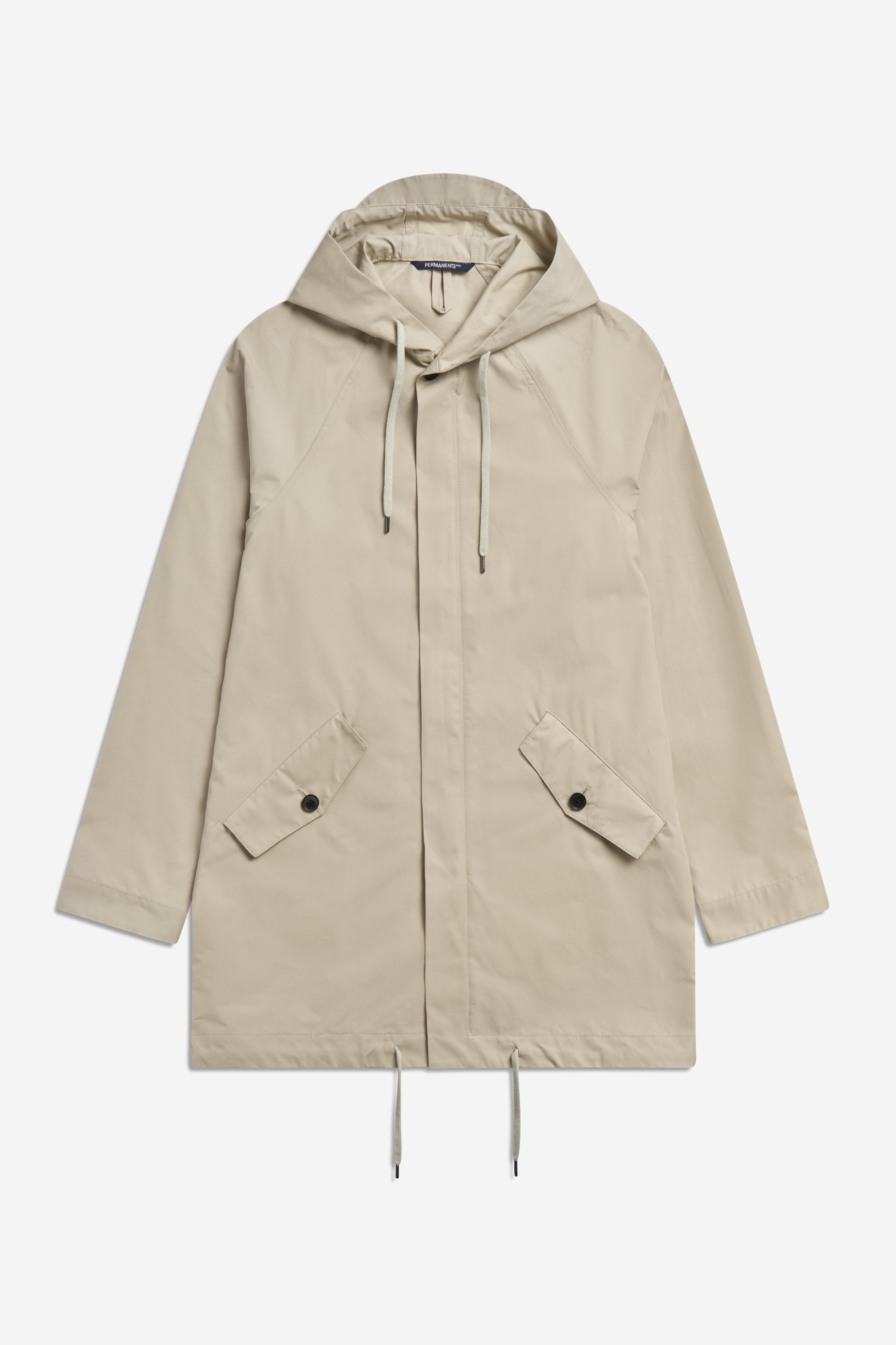 Men's outerwear parka, organic cotton EtaProof, stone, with adjustable hood, hem, and flap pockets.