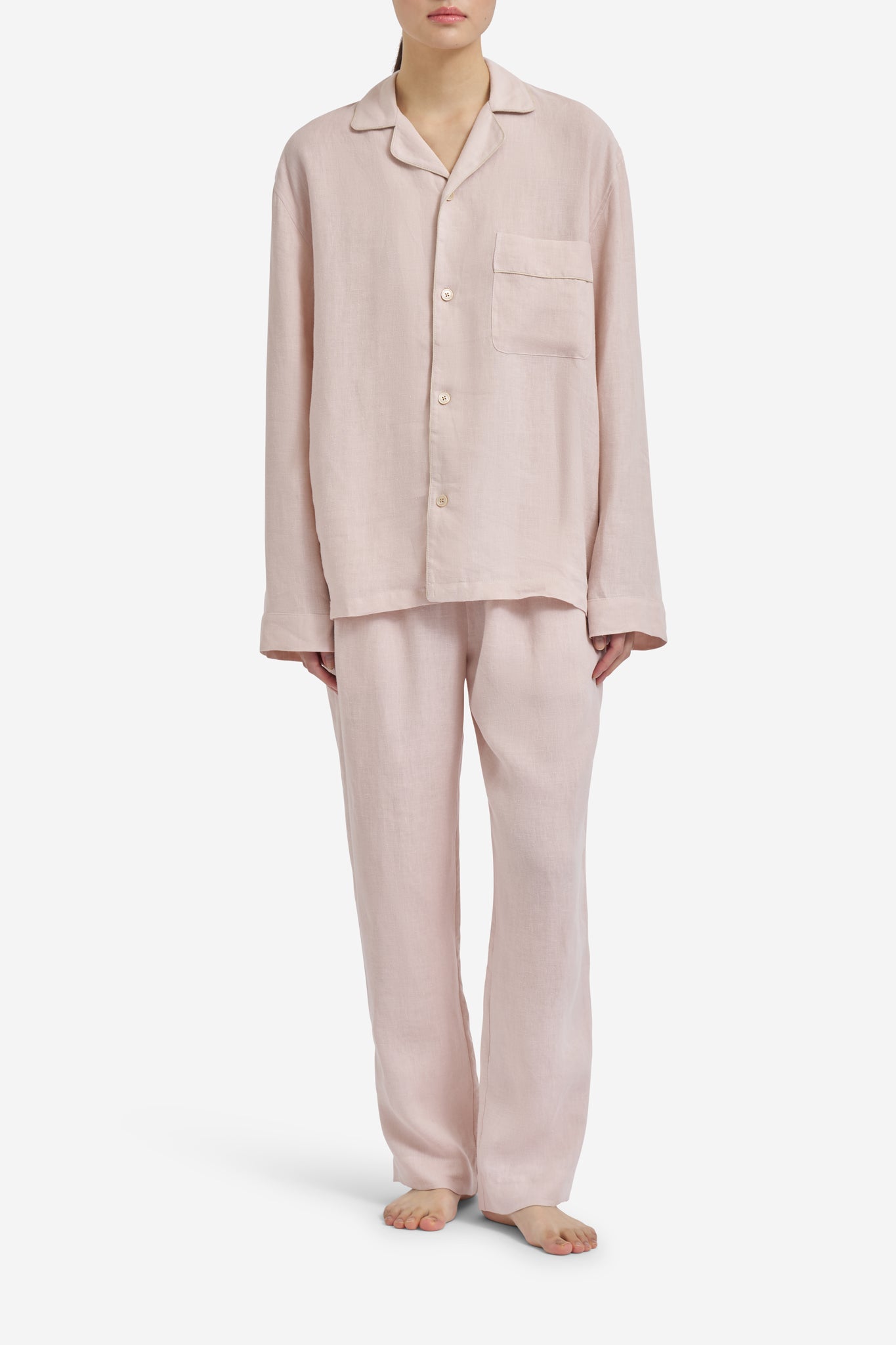 Women's long-sleeved shirt and long-pants pyjama set in apple blossom 100% Belgian linen with piped trim.