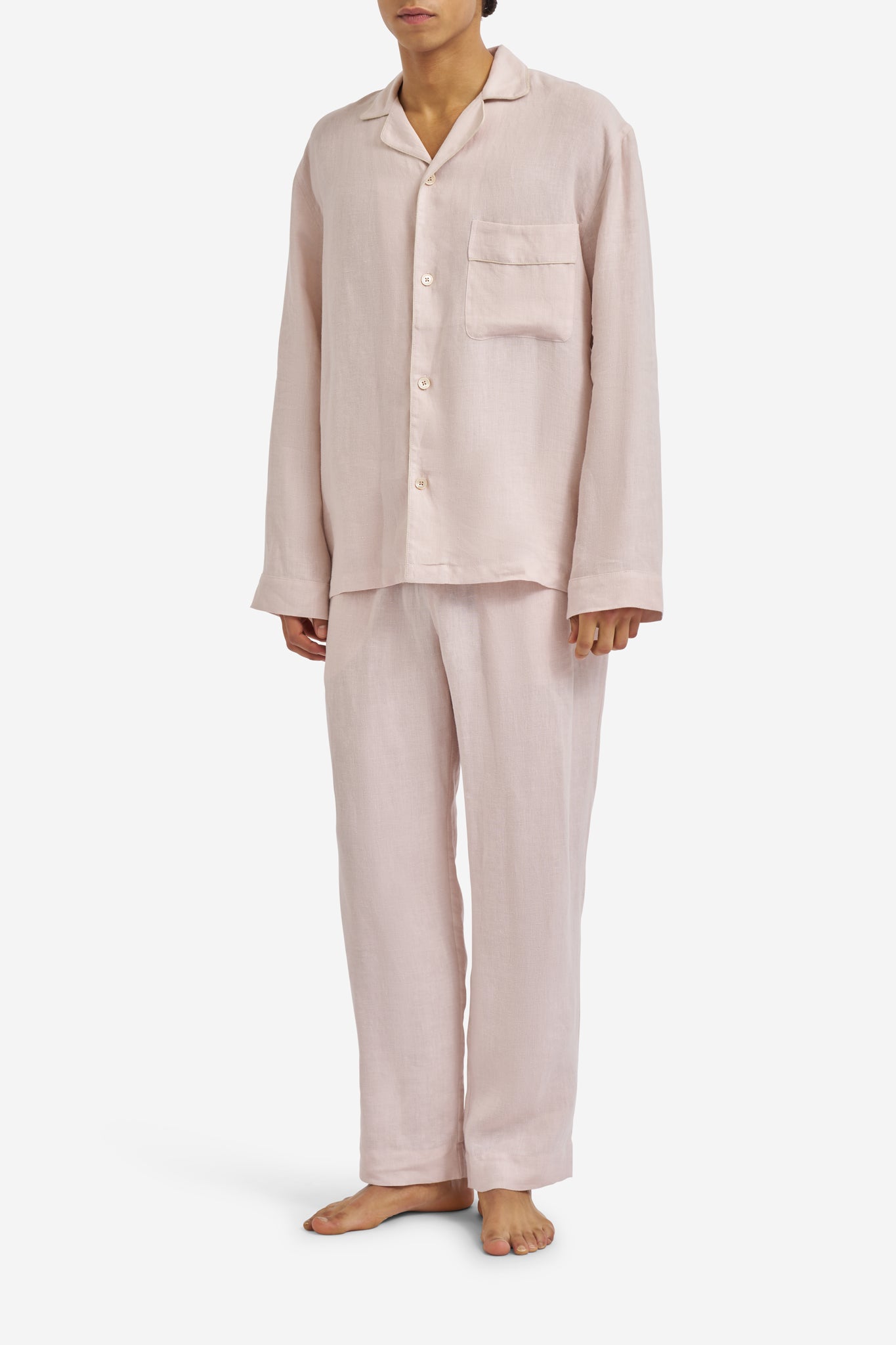 Women's long-sleeved shirt and long-pants pyjama set in apple blossom 100% Belgian linen with piped trim.