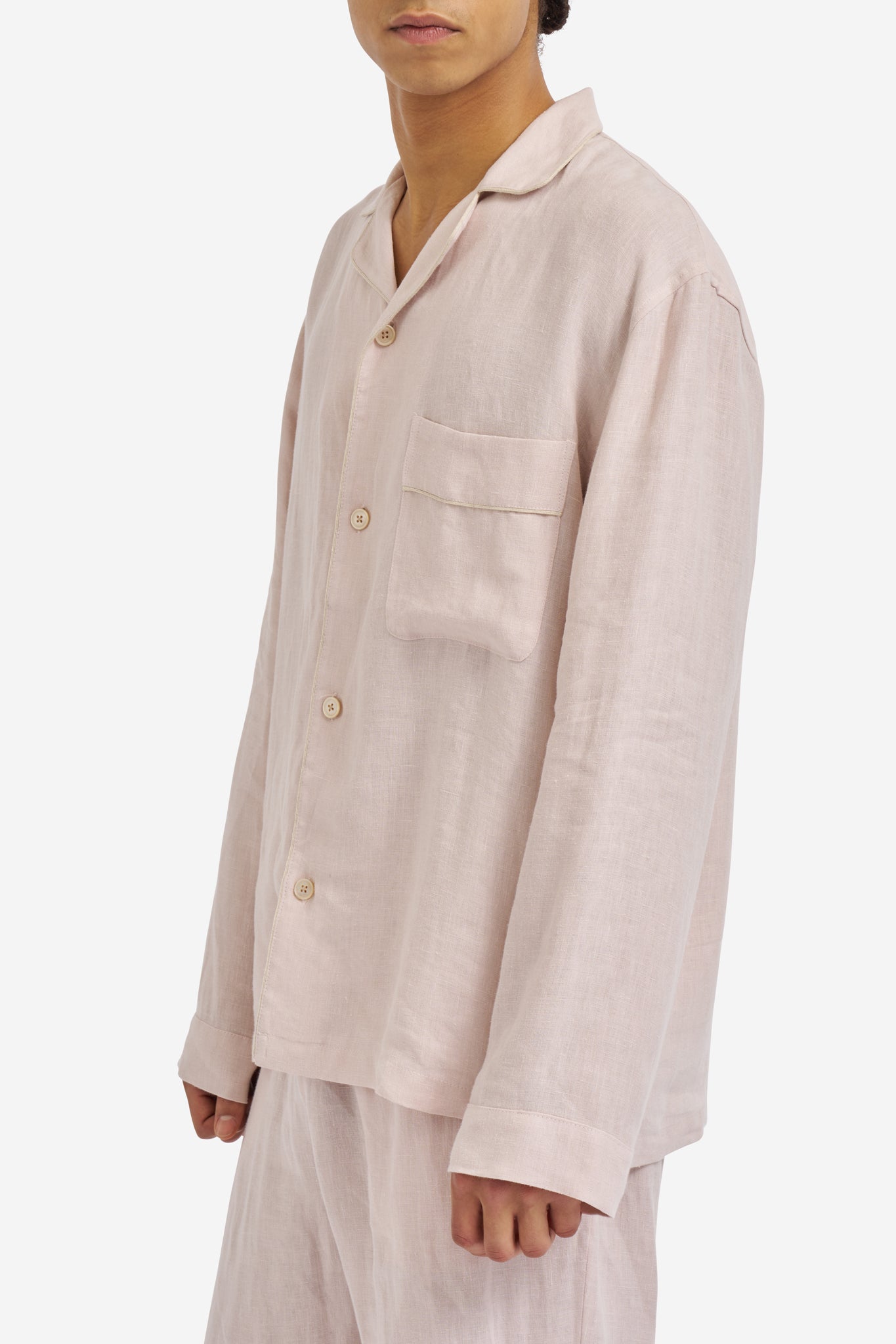 Men's long-sleeved shirt and long-pants pyjama set in apple blossom 100% Belgian linen with piped trim.