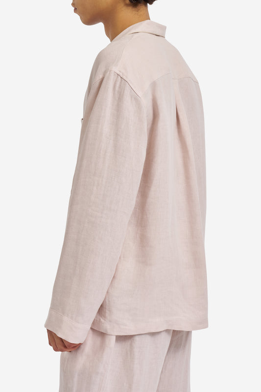 Men's long-sleeved shirt and long-pants pyjama set, 100% Belgian linen, apple blossom pink, piped trim.