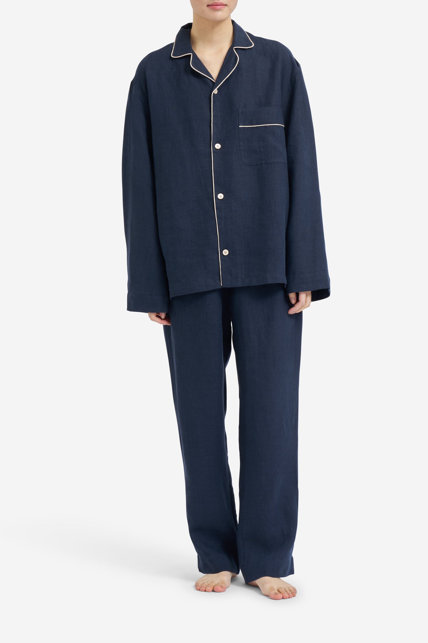 Women's long-sleeved shirt and long-pants pyjama set, 100% Belgian linen, midnight navy with piped trim.