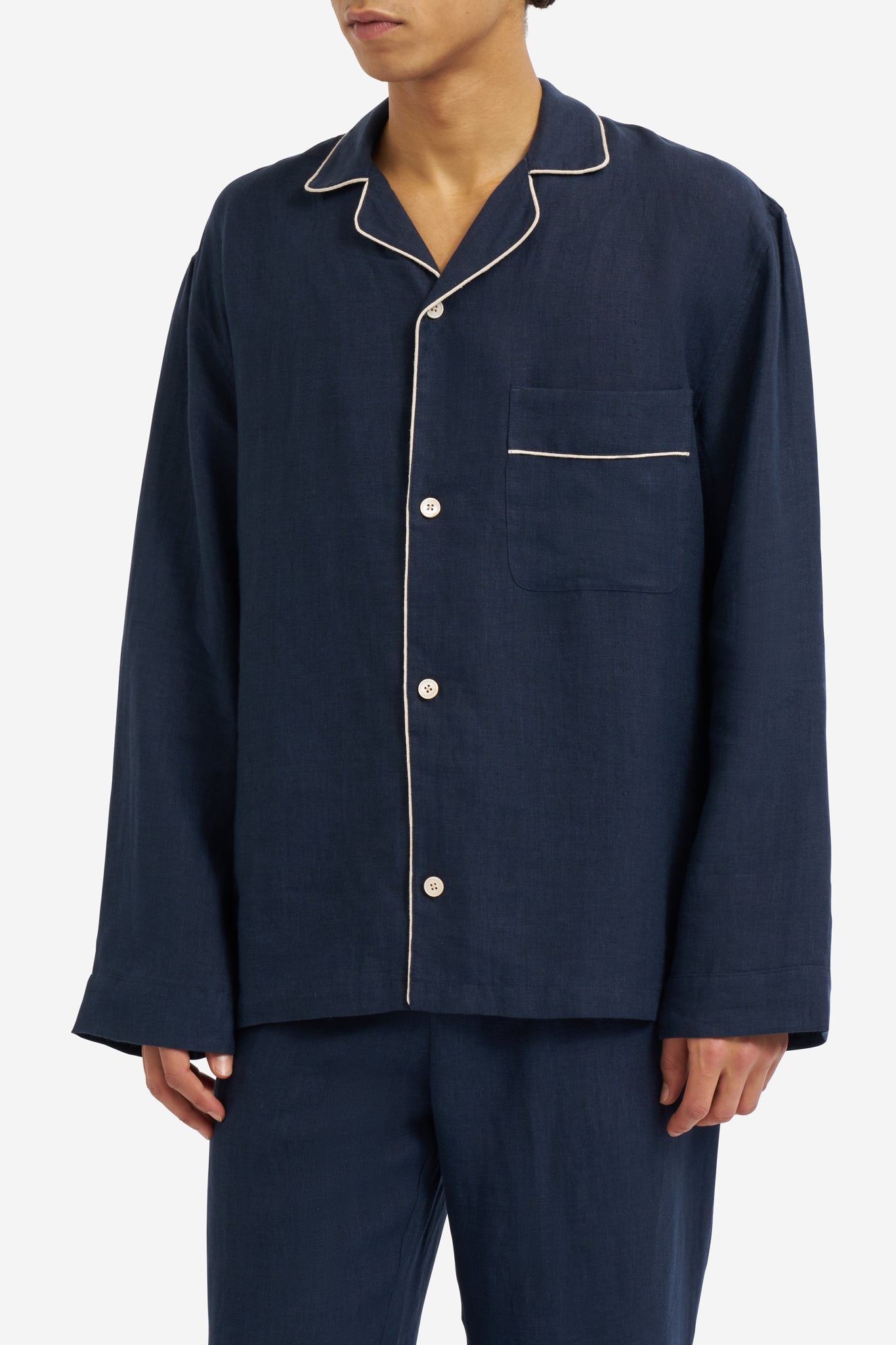 Men's long-sleeved shirt and long-pants pyjama set, 100% Belgian linen, midnight navy with piped trim.