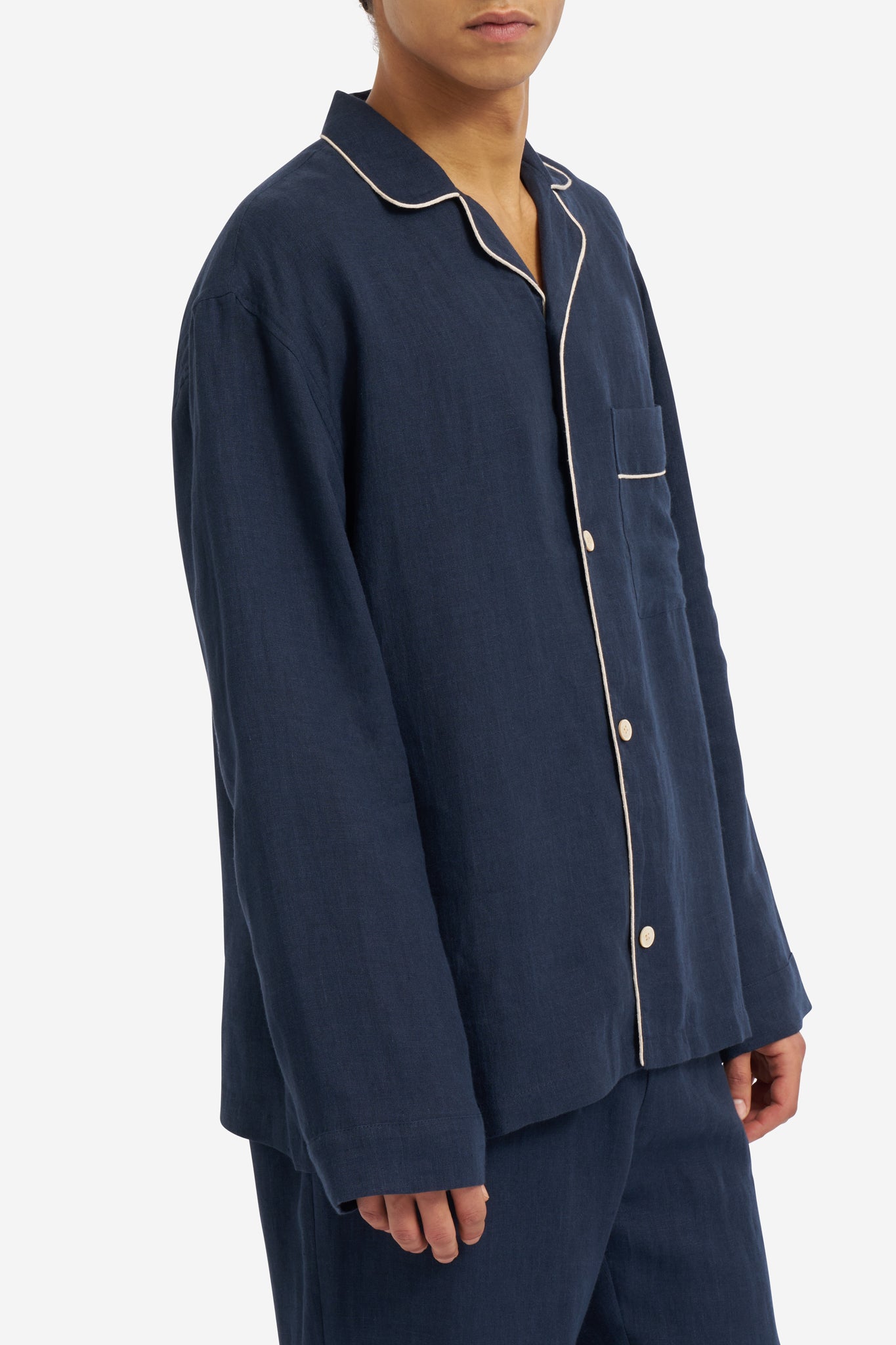 Men's long-sleeved shirt and long-pants pyjama set, 100% Belgian linen, midnight navy with piped trim.