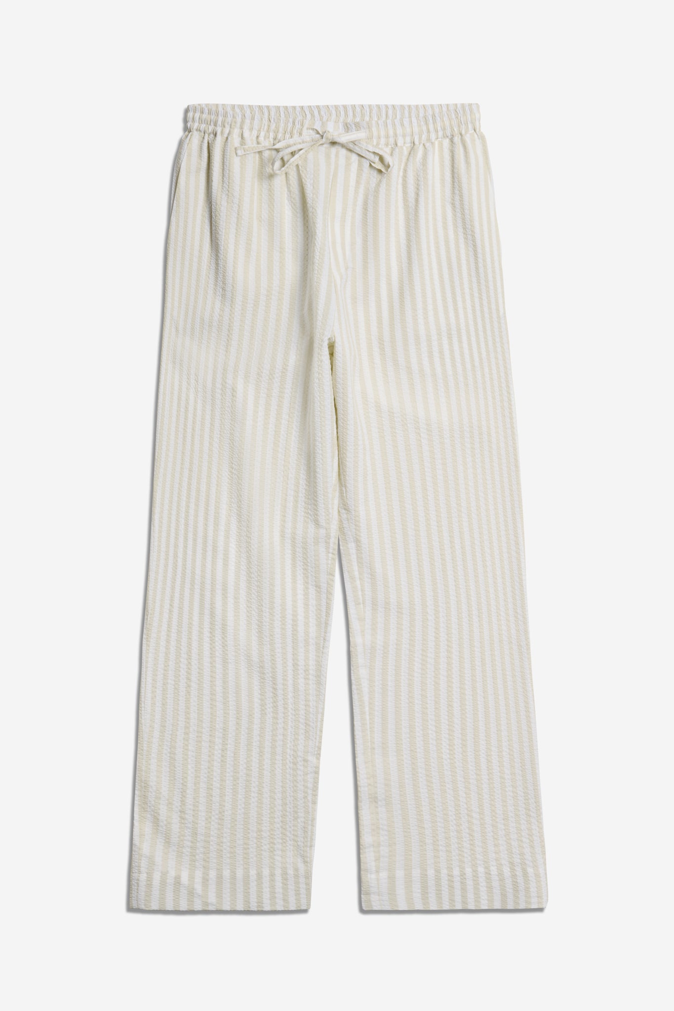 Unisex long-pants, 100% organic cotton seersucker, sage stripe, with drawstring waist.