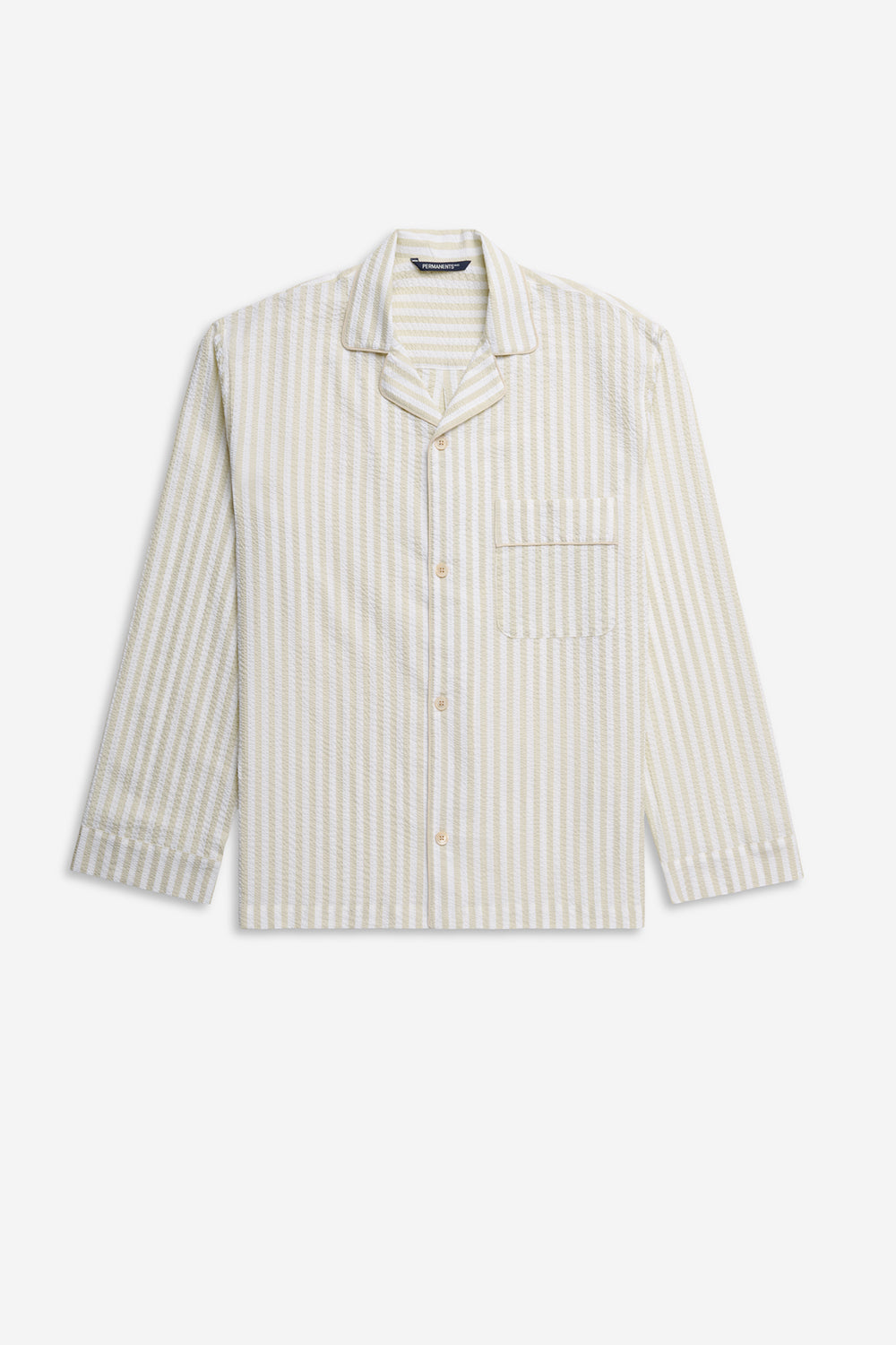 Men's long-sleeved shirt, 100% organic cotton seersucker, sage stripe, with piped trim.