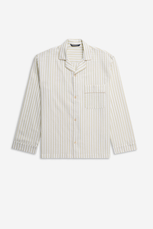 Men's long-sleeved shirt, 100% organic cotton seersucker, sage stripe, with piped trim.
