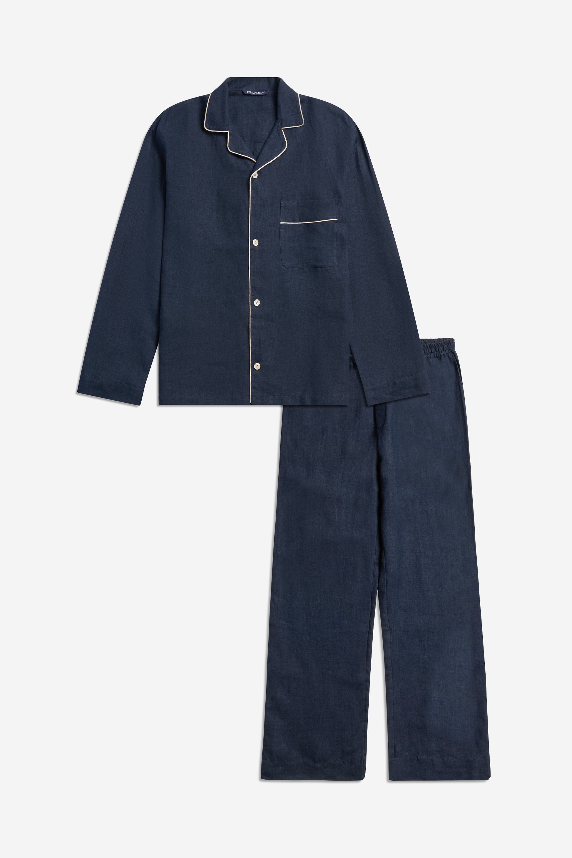 Unisex pyjama set, long-sleeved shirt and long-pants, 100% Belgian linen, midnight navy with piped trim.