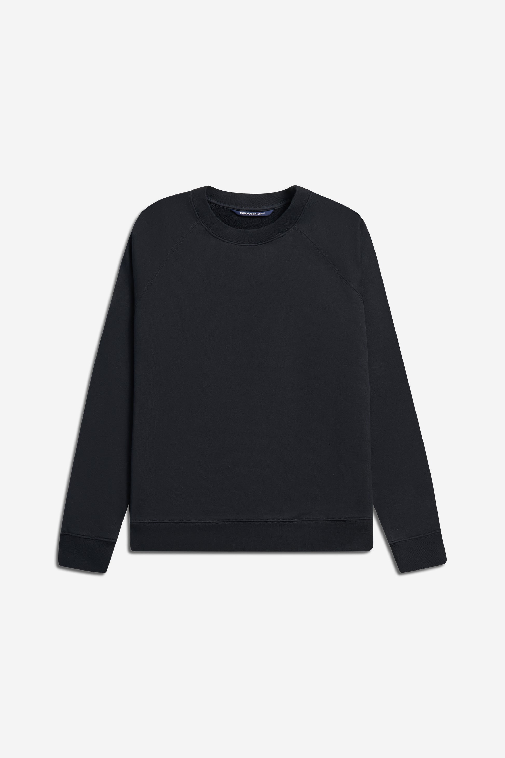 Men's knit sweater, organic cotton, pre-washed, black, with raglan sleeves and discreet logo.