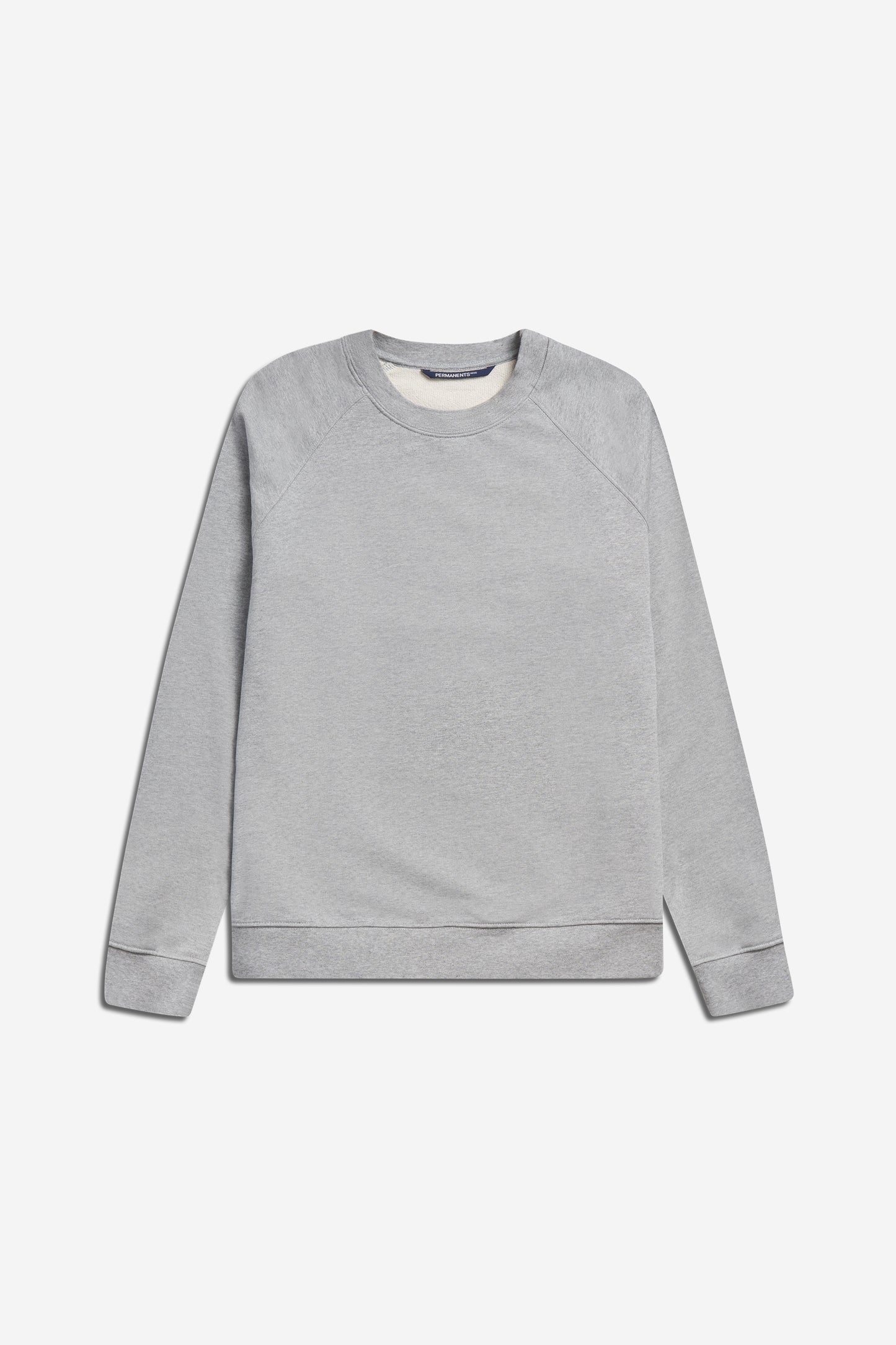 Unisex knit long-sleeved sweater in pre-washed grey melange organic cotton with raglan sleeves.