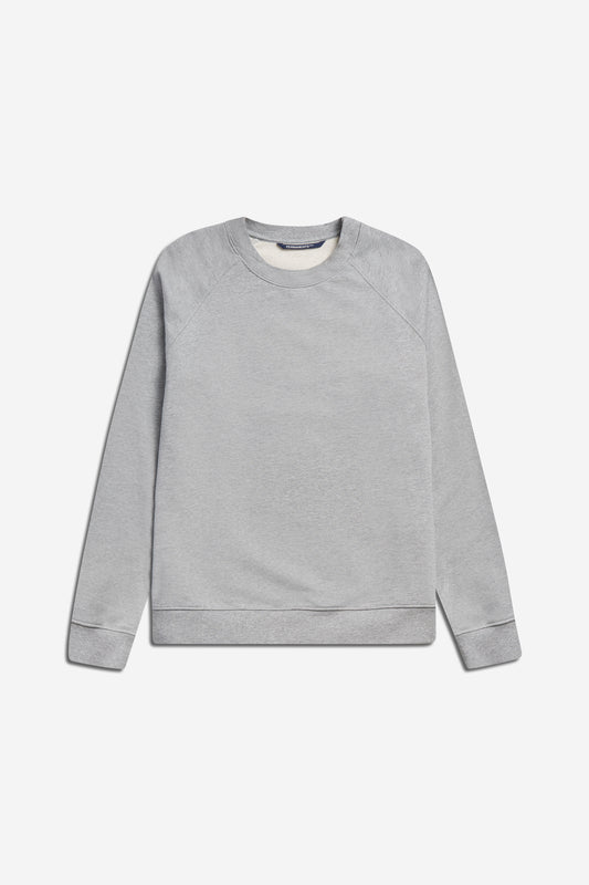 Unisex knit long-sleeved sweater in pre-washed grey melange organic cotton with raglan sleeves.