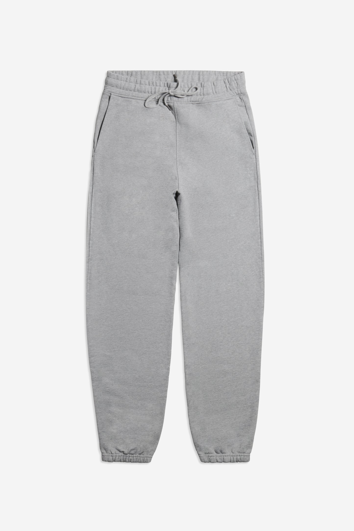 Unisex jersey long-pants, 100% organic cotton, grey melange sweatpants with drawstring and side pockets.