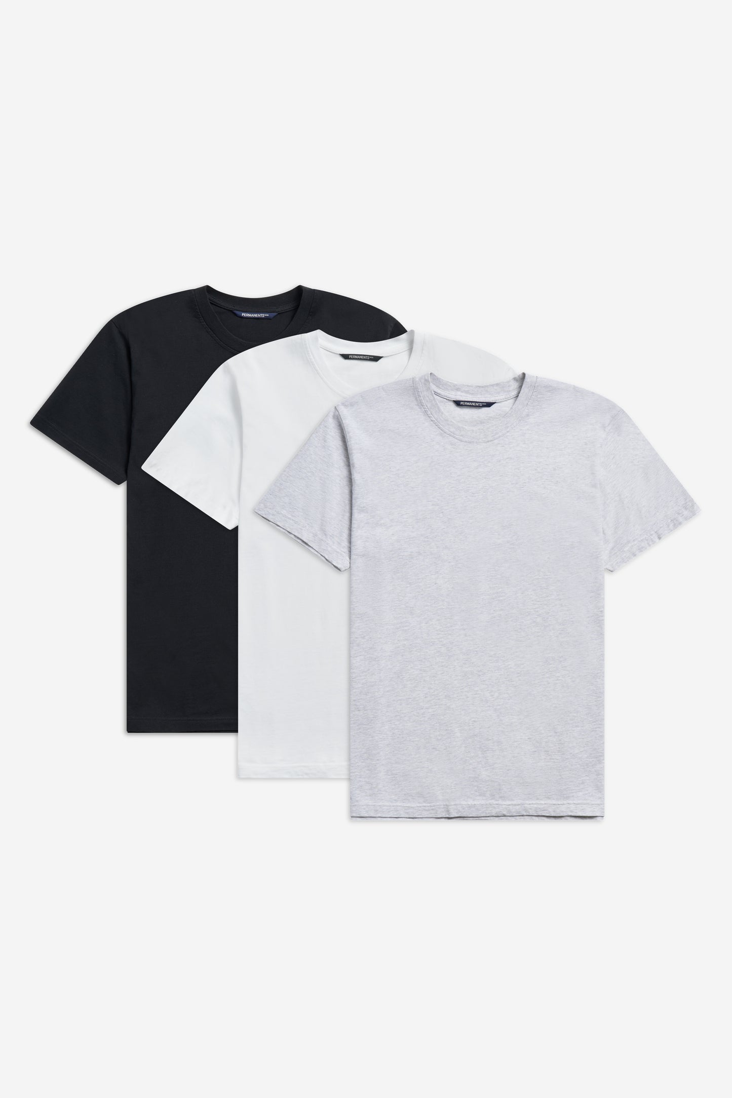 Men's jersey short-sleeved t-shirts, 100% organic cotton, pre-washed, in black, white, and heather grey.
