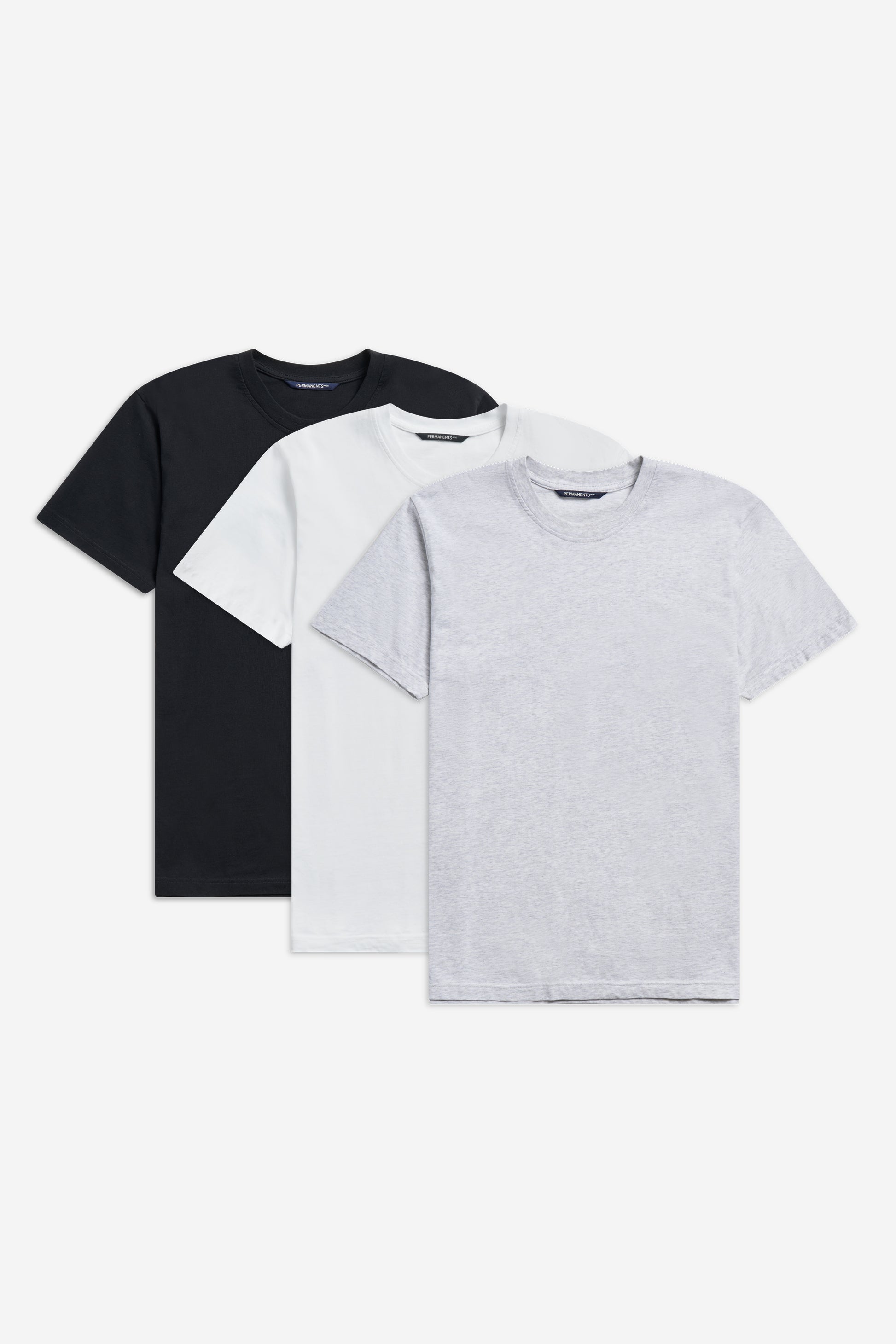 Men's jersey short-sleeved t-shirts, 100% organic cotton, pre-washed, in black, white, and heather grey.