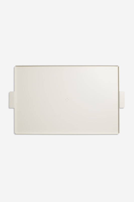 Accessories tray, large, white coated aluminum, 53x34cm, with subtle side handles.